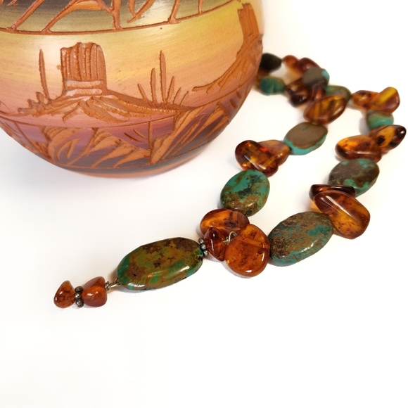 Turquoise And Amber Necklace, Vtg, Handmade Artisan, Sterling Toggle Closure - Picture 5 of 5